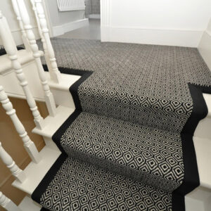 Axminster Stair runners, Diamond, Black, Ivory with linen tape border