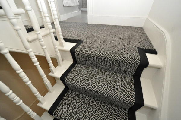 Axminster Stair runners, Diamond, Black, Ivory with linen tape border